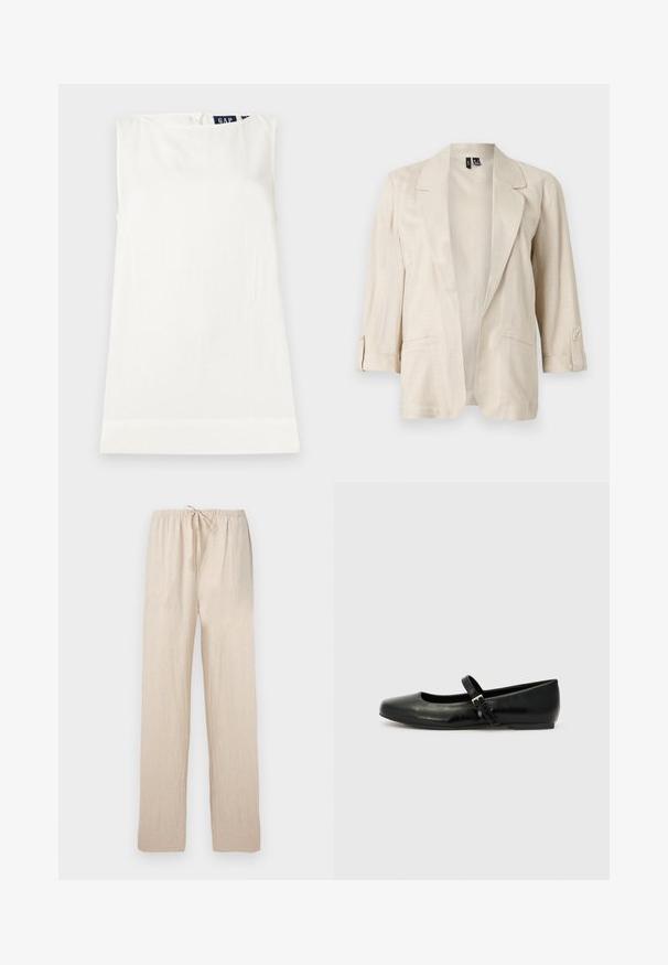 Blazer beige clair ouvert sur le devant, avec des revers en pointe, des manches trois-quarts à pattes boutonnées, et deux poches avant.; Haut blanc sans manches à col rond avec une petite étiquette GAP visible au niveau de l'encolure arrière, posé à plat sur un fond clair.; Pantalon ample beige clair avec taille élastique et cordon de serrage, jambes droites, en tissu léger.; Ballerines en cuir noir avec un bout arrondi, une semelle plate et une fine sangle ajustable sur le cou-de-pied avec une boucle en métal.