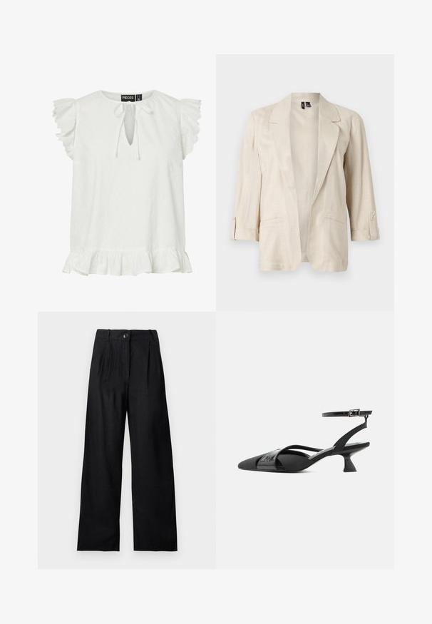 Blazer beige clair ouvert sur le devant, avec des revers en pointe, des manches trois-quarts à pattes boutonnées, et deux poches avant.; Blouse blanche sans manches avec manches courtes à volants, encolure goutte d’eau à nouer et ourlet volanté. Étiquette de marque "Pieces" à l’intérieur du col.; Pantalon large noir taille haute avec plis sur le devant, fermeture par bouton et passants pour ceinture, présenté sur un fond uni clair.; Escarpin slingback noir à bout pointu avec talon kitten, fine bride à la cheville et brides croisées asymétriques sur fond blanc.