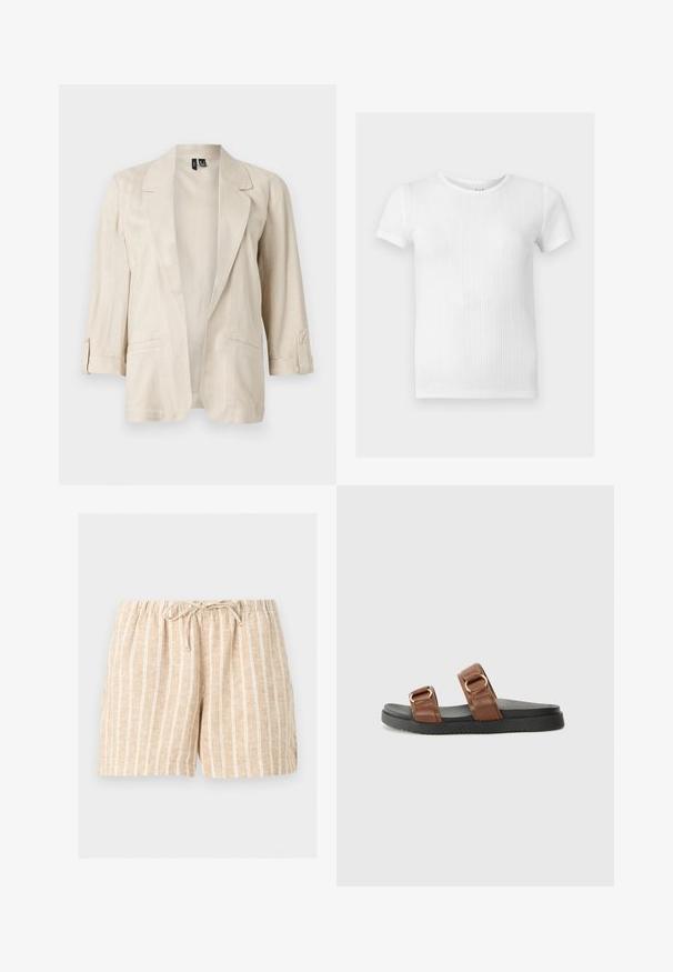 Blazer beige clair ouvert sur le devant, avec des revers en pointe, des manches trois-quarts à pattes boutonnées, et deux poches avant.; T-shirt blanc à manches courtes en maille côtelée avec un col rond et de subtils motifs verticaux texturés.; Shorts en lin beige à rayures verticales blanches, taille élastique et lien à nouer à l'avant sur un fond uni clair.; Des sandales en cuir marron à glisser présentent deux larges lanières avec du matériel doré, reposant sur une semelle en caoutchouc noir texturé.
