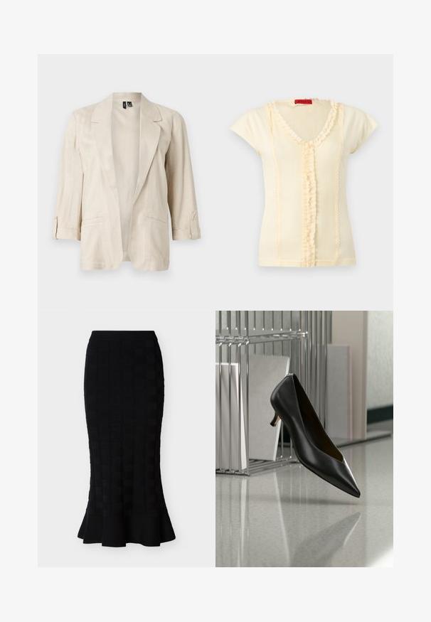 Blazer beige clair ouvert sur le devant, avec des revers en pointe, des manches trois-quarts à pattes boutonnées, et deux poches avant.; Haut crème à manches courtes côtelé avec col en V, orné de volants au centre et au niveau du col, avec une étiquette rouge portant la mention MAX&Co.; Jupe midi noire avec motif texturé carré et ourlet évasé sur fond blanc.; Chaussure en cuir noir à bout pointu et talon kitten flottant au-dessus d'un sol gris moucheté, à côté d'un organiseur de fichiers en métal contenant des dossiers.