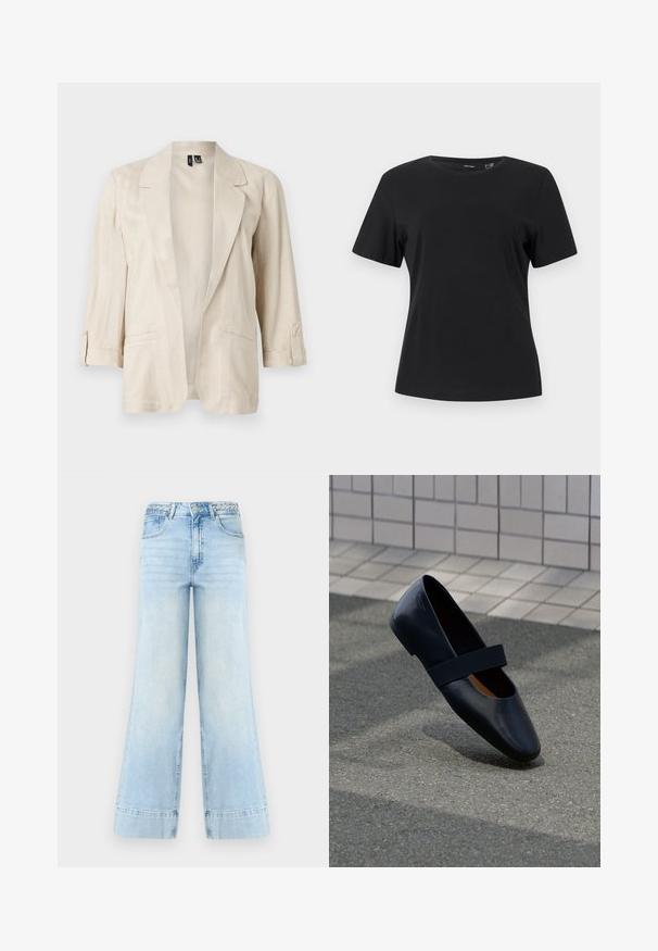 Lichtbeige open front blazer met ingesneden revers, driekwart mouwen met knoopriempjes en twee voorzakken.; Zwart T-shirt met korte mouwen, ronde hals, rechte zoom en glad, effen stof.; Lichtblauwe wijde jeans met hoge taille, gevlochten riemlussen, knoop aan de voorkant, rits en twee zakken op een witte achtergrond.; Zwarte leren platte schoen met een ronde neus, voorzien van een zachte zwarte elastische band over de wreef. Gladde textuur en minimalistisch ontwerp.