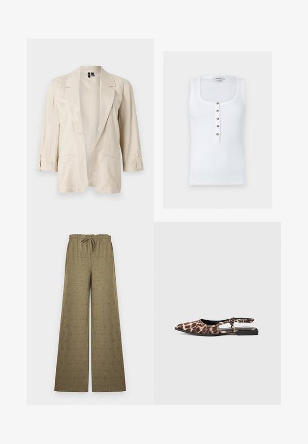 Blazer beige clair ouvert sur le devant, avec des revers en pointe, des manches trois-quarts à pattes boutonnées, et deux poches avant.; Haut sans manches blanc côtelé avec col rond et cinq boutons marron au centre devant, avec une étiquette Topshop.; Pantalon kaki à jambes larges avec motif à œillets, taille élastique et cordon, présenté sur un fond clair uni.; Ballerine à enfiler en imprimé léopard, avec un bout pointu, des côtés ouverts et un petit talon noir. Le matériau semble lisse avec un léger éclat.