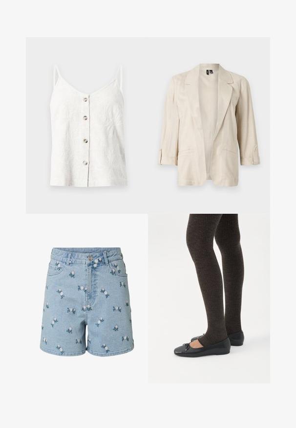 Lichtbeige open front blazer met ingesneden revers, driekwart mouwen met knoopriempjes en twee voorzakken.; Witte mouwloze top met knopen, dunne bandjes en geborduurde bloemenpatronen op een lichte stof.; Lichtblauwe denim shorts met knoop- en ritssluiting, versierd met kleine roze en witte geborduurde bloemen en voorzakken.; Benen met donkere geribbelde leggings gecombineerd met zwarte ballerina's met kleine strikdetails op een witte achtergrond.