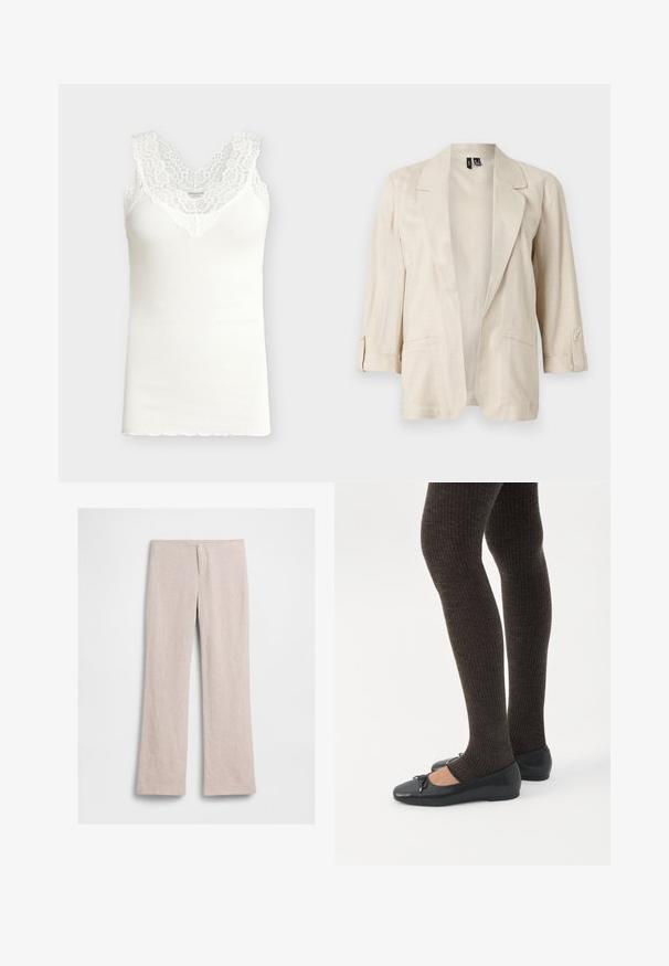 Blazer beige clair ouvert sur le devant, avec des revers en pointe, des manches trois-quarts à pattes boutonnées, et deux poches avant.; Débardeur blanc côtelé sans manches avec large bordure en dentelle autour de l'encolure en V et des épaules, vue à plat sur fond gris clair.; Pantalon beige à jambes larges avec taille haute, détail de couture à l'avant, sans boutons ni poches visibles, posé à plat sur fond blanc.; Jambes portant des leggings côtelés foncés associés à des ballerines noires avec de petits détails en nœud sur fond blanc.