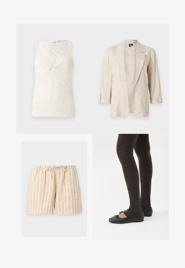 Lyse beige åben-front blazer med hakkede revers, trekvartærmer med knapstropper og to forlommer.; Hvid ærmeløs top med et struktureret mønster og en snoet detalje foran. Har V-udskæring og blødt, draperet stof.; Beige linnedshorts med hvide lodrette striber, elastisk taljebånd og snøre foran på en ensartet lys baggrund.; Ben iført mørke ribbede leggings kombineret med sorte balletsko med små sløjfedetaljer på hvid baggrund.