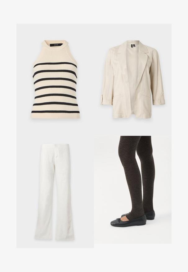 Lyse beige åben-front blazer med hakkede revers, trekvartærmer med knapstropper og to forlommer.; Ærmeløs top med ribstrik i creme med sorte horisontale striber. Design med høj hals. Blød tekstur, kropsnær silhuet og minimalistisk æstetik.; Hvide bukser med lige ben, højtaljede og med forside knaplukning, vist mod en ensfarvet baggrund.; Ben iført mørke ribbede leggings kombineret med sorte balletsko med små sløjfedetaljer på hvid baggrund.