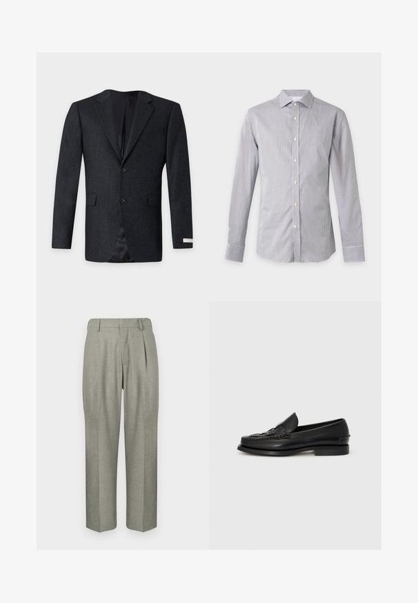 Blazer homme gris foncé avec deux boutons, revers crantés, deux poches avant à rabat et doublure intérieure noire lisse.; Chemise homme à manches longues boutonnée, avec fines rayures verticales noires et blanches et col classique sur fond uni.; Pantalons gris clair en tissu texturé. Ils présentent une coupe droite, des plis à l'avant et une taille plate.; Mocassin en cuir noir avec un détail tissé à l'avant, bout arrondi et petit talon. Texture lisse et design minimaliste.
