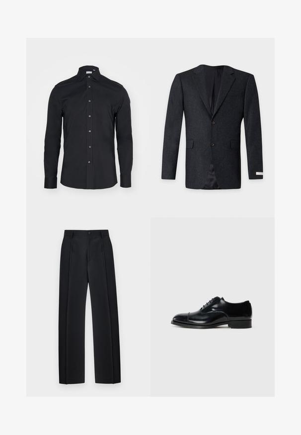 Dunkelgrauer Herrenblazer mit zwei Knöpfen, Revers mit Kerbe, zwei vorderen Pattentaschen und glattem schwarzem Innenfutter.; Schwarze Langarm-Button-Up-Bluse mit klassischem Kragen. Hergestellt aus glattem Stoff, verfügt über Vorderknöpfe und abgerundete Manschetten.; Schwarze, maßgeschneiderte Hose mit geradem Bein, vorderen Falten, Gürtelschlaufen und Knopfverschluss am Bund.; Schwarze Leder-Dressschuhe mit polierter Oberfläche, runder Zehenform, Schnürdesign und niedrigem gestapeltem Absatz, versehen mit einer dezenten Nahtdetail.