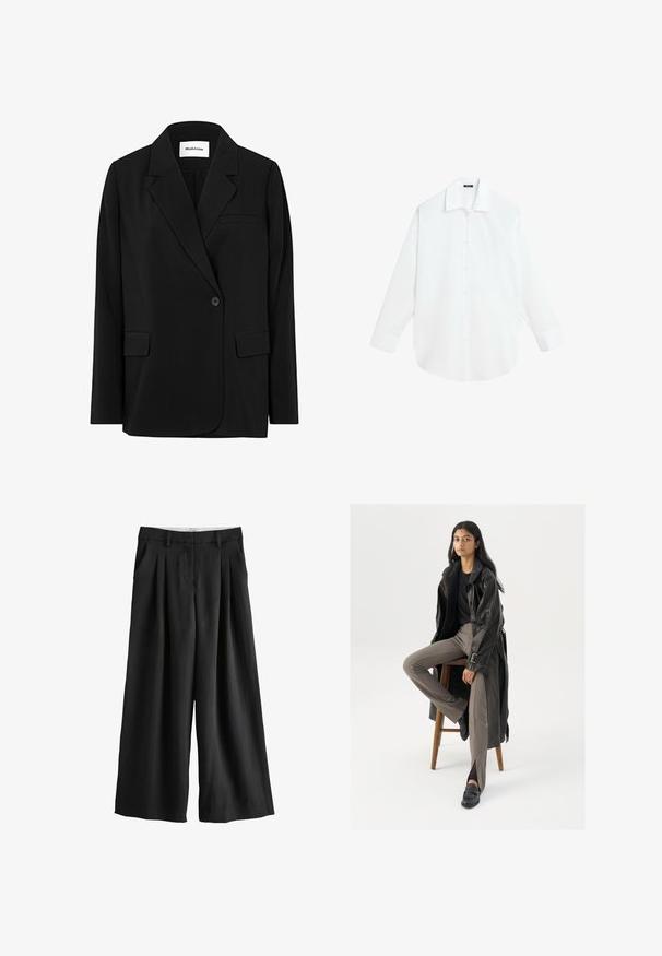 Modström PERRYMD - Blazer - schwarz; Hvid langærmet skjorte med knapper, klassisk krave og manchetter, vist fladt på hvid baggrund.; Sorte bukser med vide ben, bæltestropper, frontplisseringer og sidelommer, vist på en hvid baggrund.; Sort læder trench coat med knapper og bælte detalje, parret med lysebrune tætsiddende bukser og sorte loafers, siddende på en træstol.