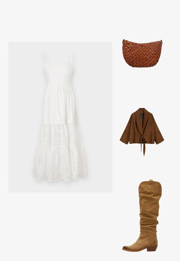 Veste en daim marron avec manches larges et fermeture à nouer devant, avec un col châle et une coupe ample et carrée.; Robe maxi blanche avec des bretelles ajustables, dotée d'un corps texturé et d'une jupe à volants ornée de motifs floraux brodés et de détails en œillets.; Botte en daim hauteur genou couleur brun clair avec un design flou, un bout pointu et un talon empilé. Dispose d'une boucle en haut pour un enfilage plus facile.; Sac à épaule en cuir marron avec motif tissé et fermeture éclair sur le dessus, présenté sur fond blanc.
