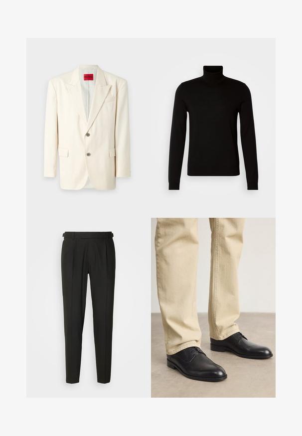 Helle beige taillierte Blazer mit Revers, zwei vorderen Knöpfen, einer Brusttasche und Seitentaschen, aus glattem Stoff. Markenlabel sichtbar.; Schwarzer Rollkragenpullover aus feiner Strickware, mit langen Ärmeln und taillierter Silhouette. Glatte Textur mit gerippten Bündchen.; Schwarze maßgeschneiderte Hose mit flacher Vorderseite, zwei Falten, Gürtelschlaufen und geradem Bein. Hergestellt aus glattem, leichtem Stoff.; Schwarze Leder Schnürschuhe mit runder Zehenform, glatter Oberfläche und dezenten Nähdetails, getragen mit hellbeigen Hosen.