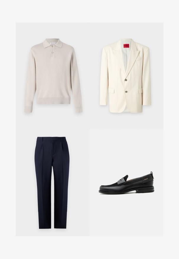 Blazer cortado en un tono beige claro con solapas de pico, dos botones frontales, un bolsillo en el pecho y bolsillos laterales, confeccionado en una tela suave. Etiqueta de la marca visible.; Polo de manga larga color beige claro hecho de material suave. Cuenta con un cuello, una tapeta de tres botones y puños y dobladillo acanalados.; Pantalones sastre azul marino hechos de tejido texturizado, con corte recto, pliegues delanteros y una cinturilla clásica con trabillas para cinturón.; Mocasín de cuero negro con detalle de tira gris, tacón bajo y suela texturizada, con la marca "HUGO" en oro en el lateral.