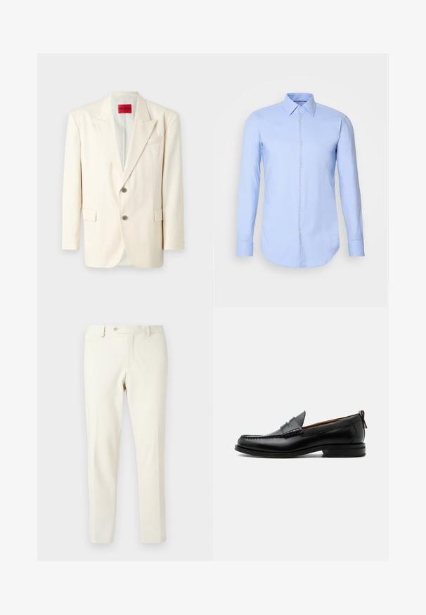 Lichtbeige op maat gemaakte blazer met ingezette revers, twee voorknopen, een borstzak en zijzakken, gemaakt van een gladde stof. Merklabel zichtbaar.; Lichtblauw shirt met lange mouwen van katoen, met een knoopsluiting aan de voorkant, kraag en afgeronde zoom. Gladde textuur zonder patronen.; Lichtbeige broek gemaakt van gladde stof. Heeft een ritssluiting aan de voorkant, knoopsluiting en schuine zijzakken met een slim fit ontwerp.; Zwarte leren herensloffen met moc toe stiksel, pennyriem, gestructureerde kraag en lage gestapelde hak op witte achtergrond.