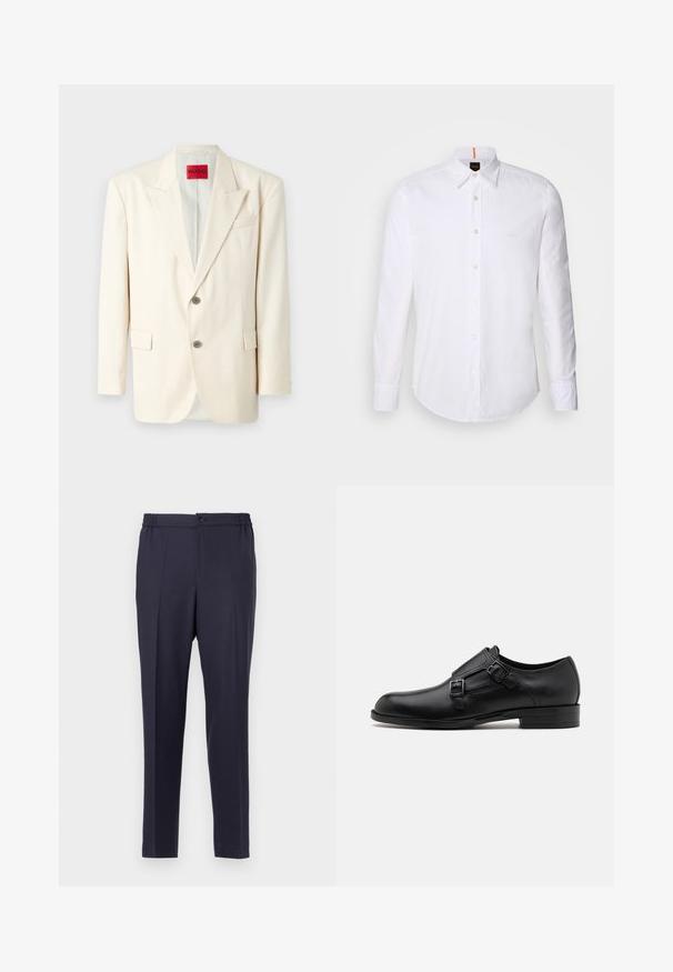 Helle beige taillierte Blazer mit Revers, zwei vorderen Knöpfen, einer Brusttasche und Seitentaschen, aus glattem Stoff. Markenlabel sichtbar.; Weiße langärmlige Button-Down-Hemd aus Baumwolle, mit klassischem Kragen, subtiler Logo-Detailierung auf der Brust und weißen Knöpfen.; Navyblaue Hose mit flacher Front, elastischem Bund und Knopfverschluss. Gerader Schnitt und glatte Textur, geeignet für formelle oder legere Anlässe.; Schwarze Leder- Schnürschuhe mit doppelten Schnallen, schlanker Silhouette und runder Zehenpartie. Sie verfügen über einen niedrigen Absatz und eine glatte Textur.