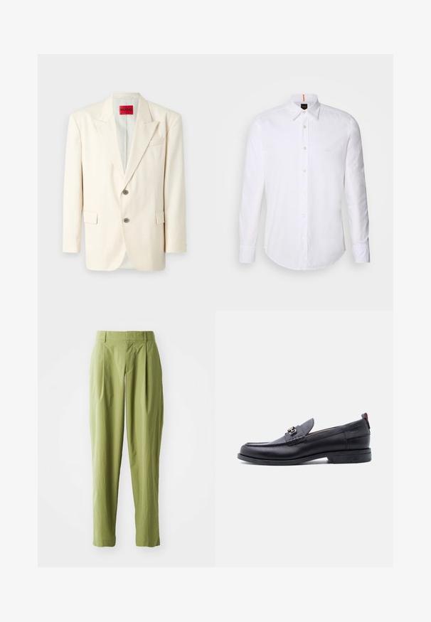 Lys beige skræddersyet blazer med spidsrever, to forreste knapper, en brystlomme og sidelommer, lavet af glat stof. Mærkets label er synlig.; Hvid langærmet skjorte med knaplukning lavet af bomuld, med en klassisk krave, subtilt logo nær brystet og hvide knapper.; Lys grønne bukser lavet af et struktureret stof, med en lige form, folder foran og en standard talje.; Sort lædermokasin med grå tekstureret forfod, sølvfarvet metalspænde, lav hæl og trækflap bagpå.
