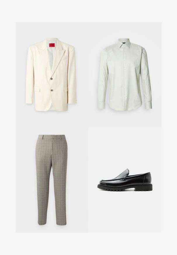 Blazer ajusté beige clair avec revers à cran, deux boutons sur le devant, une poche poitrine et des poches latérales, fabriqué en tissu lisse. Étiquette de la marque visible.; Chemise à manches longues vert clair, à boutons, avec un col structuré, texture unie et patte de boutonnage à l'avant avec des boutons blancs.; Pantalon en tissu beige clair avec un motif à carreaux marron foncé et bleu marine, coupe droite et taille standard.; Mocassin en cuir noir avec semelle en caoutchouc épaisse, dessus cousu et nom de marque embossé sur le talon, présenté de profil sur fond blanc.