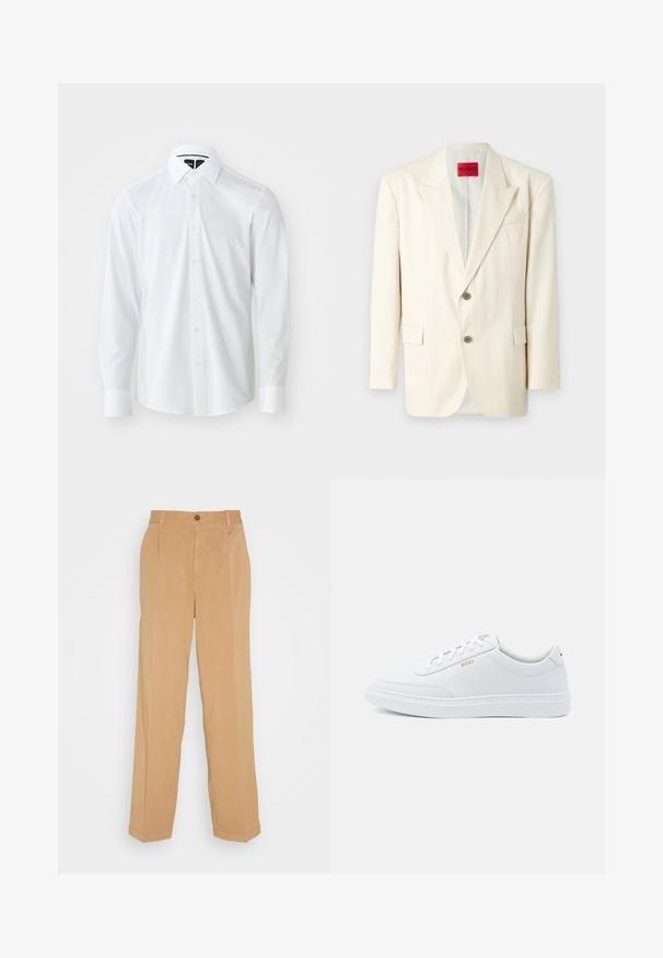 Blazer ajusté beige clair avec revers à cran, deux boutons sur le devant, une poche poitrine et des poches latérales, fabriqué en tissu lisse. Étiquette de la marque visible.; Chemise blanche à manches longues avec un col structuré, présentant un motif texturé subtil, une fermeture à boutons et un ourlet arrondi.; Pantalons larges beiges en tissu doux, dotés de deux poches avant, d'une fermeture à bouton et de plis le long des jambes.; Baskets blanches en cuir avec une texture lisse, bout rond et coutures tonales. Possède des lacets bleus et un logo doré sur le côté.