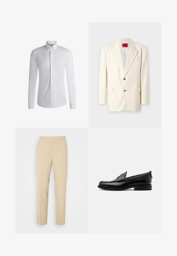 Blazer ajusté beige clair avec revers à cran, deux boutons sur le devant, une poche poitrine et des poches latérales, fabriqué en tissu lisse. Étiquette de la marque visible.; Chemise blanche à manches longues en tissu lisse, dotée d'un col boutonné et d'une rangée de boutons sur le devant. Design uni.; Pantalons beige ajustés avec une coupe droite, fabriqués en tissu léger, dotés de deux poches avant et de plis bien repassés.; Mocassin homme en cuir noir avec couture moc toe, bride penny, col texturé et petit talon empilé sur fond blanc.