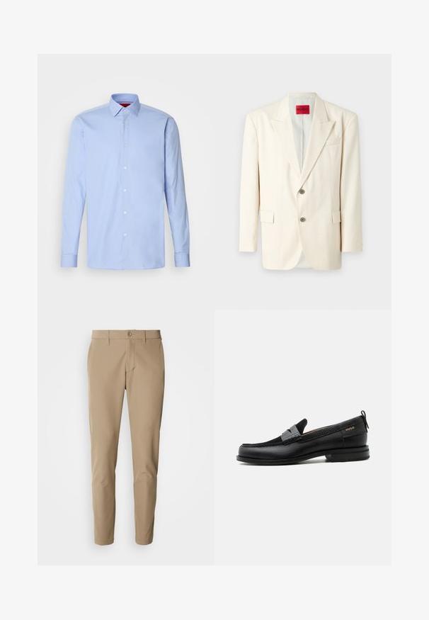 Lys beige skræddersyet blazer med spidsrever, to forreste knapper, en brystlomme og sidelommer, lavet af glat stof. Mærkets label er synlig.; Lyseblå langærmet skjorte lavet af bomuld, med klassisk krave og knaplukning foran med hvide knapper. Glat tekstur.; Beige bukser lavet af glat stof med lige snit, der har en knaplukning og for- lommer, samt bæltestropper.; Sort læderloafer med grå remdetalje, lav hæl og tekstureret sål, mærket med "HUGO" i guld på siden.