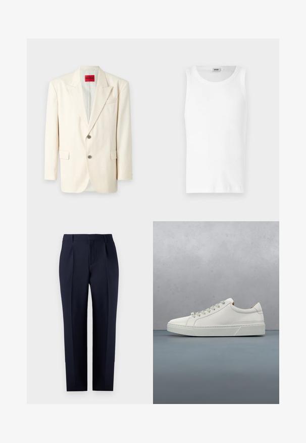 Lichtbeige op maat gemaakte blazer met ingezette revers, twee voorknopen, een borstzak en zijzakken, gemaakt van een gladde stof. Merklabel zichtbaar.; Witte katoenen mouwloze tanktop met een ronde halslijn en een gladde textuur. Eenvoudig ontwerp, geen patronen of accenten.; Marineblauwe tailored broek gemaakt van gestructureerde stof, met een rechte pasvorm, voorplooien en een klassieke tailleband met riemlussen.; Witte leren sneaker met een ronde neus, minimalistisch ontwerp, grijze veters en een gestructureerde grijze rubberen zool. Fijne stikdetails zichtbaar.
