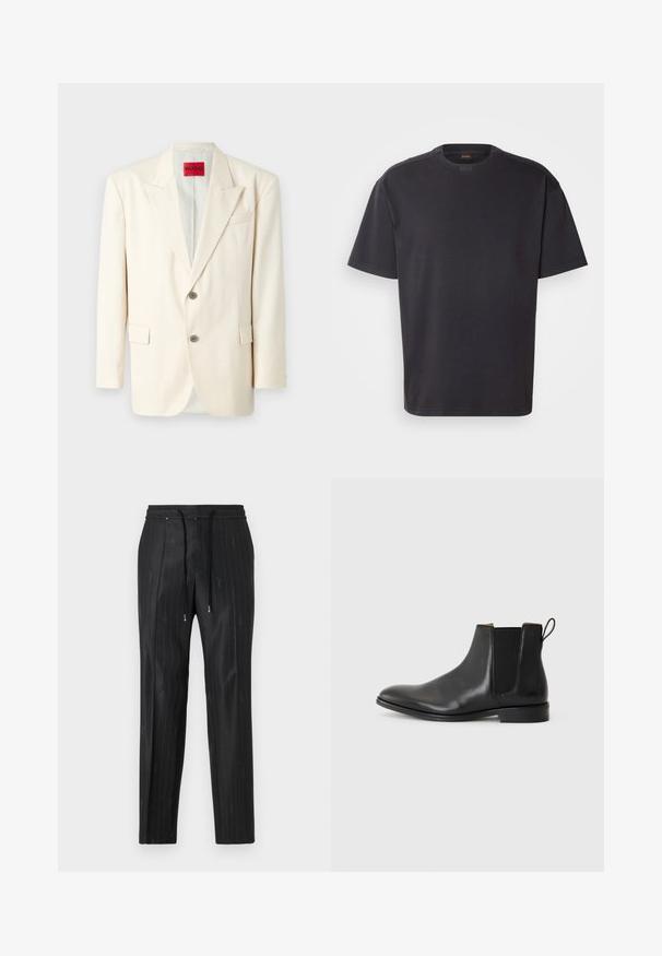 Helle beige taillierte Blazer mit Revers, zwei vorderen Knöpfen, einer Brusttasche und Seitentaschen, aus glattem Stoff. Markenlabel sichtbar.; Schwarzes T-Shirt mit kurzen Ärmeln aus Baumwolle, mit rundem Halsausschnitt und dezentem Branding am Kragen. Weiche Textur mit lässiger Passform.; Schwarze gestreifte Hose aus glattem Material mit einem bequemen elastischen Bund und Akzenten aus Kordelzügen. Mit dezenten Logodetails.; JOOP! PERO KLEITOS CHELSEA - Stiefelette - black
