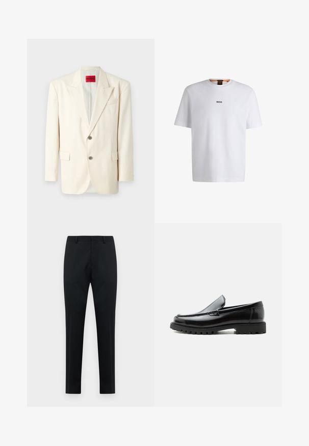 Blazer cortado en un tono beige claro con solapas de pico, dos botones frontales, un bolsillo en el pecho y bolsillos laterales, confeccionado en una tela suave. Etiqueta de la marca visible.; Camiseta de algodón blanca de manga corta, con un logotipo negro "BOSS" centrado en el pecho y un diseño de cuello redondo.; Pantalones formales de hombre negros, ajustados, con presillas para cinturón, frente plano y piernas rectas sobre un fondo blanco.; Mocasín de cuero negro con suela de goma gruesa, empeine cosido y nombre de la marca en relieve en el talón, mostrado en perfil lateral sobre fondo blanco.