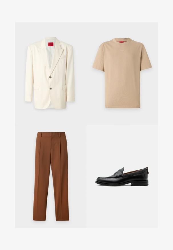 Helle beige taillierte Blazer mit Revers, zwei vorderen Knöpfen, einer Brusttasche und Seitentaschen, aus glattem Stoff. Markenlabel sichtbar.; Beige Baumwoll-T-Shirt mit kurzen Ärmeln, Rundhalsausschnitt und dezentem "HUGO"-Logo in der Mitte. Angenehme Textur, legerer Schnitt.; Braune Hosen mit einer glatten, matten Textur, mit Bundfalte und geraden Beinen. Hergestellt aus leichtem, atmungsaktiven Stoff.; Schwarzer Leder-Herrenschuh mit Mokassinnaht, Penny-Riemen, strukturiertem Kragen und niedrigem gestapeltem Absatz auf weißem Hintergrund.