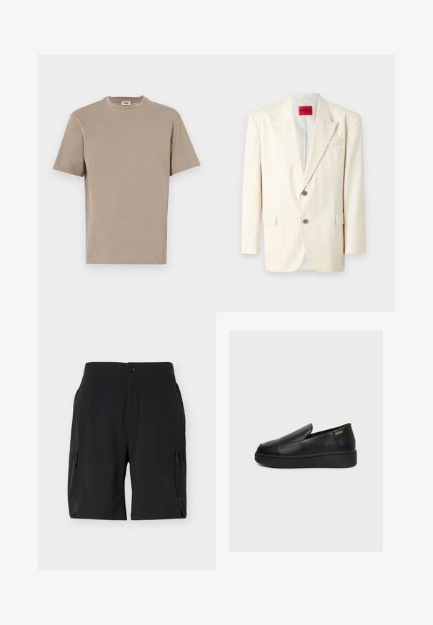 Lys beige skræddersyet blazer med spidsrever, to forreste knapper, en brystlomme og sidelommer, lavet af glat stof. Mærkets label er synlig.; Beige bomulds t-shirt med rund hals, korte ærmer og lige kant. Glat tekstur, minimalistisk design, ingen synlige grafik eller accenter.; Svarte knælange shorts med sideslidelommer og knaplukning i linningen, vist på en ensfarvet hvid baggrund.; Sort læder slip-on platform sko med tyk sål og lille gyldent "HUGO" logo nær hælen på en ensfarvet lys baggrund.