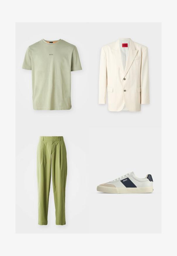Blazer ajusté beige clair avec revers à cran, deux boutons sur le devant, une poche poitrine et des poches latérales, fabriqué en tissu lisse. Étiquette de la marque visible.; T-shirt à manches courtes olive en tissu doux, avec un col rond et un petit logo "BOSS" imprimé au centre.; Pantalons vert clair en tissu texturé, présentant une coupe droite, des plis à l'avant et une taille standard.; Baskets basses blanches avec bout beige, bande latérale bleu marine marquée BOSS, lacets blancs et semelle en caoutchouc sur fond neutre.