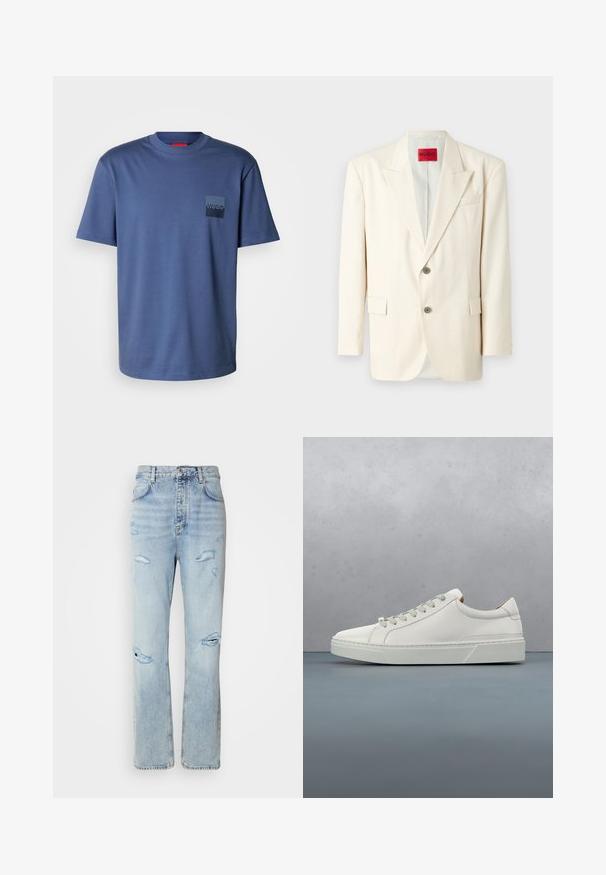Helle beige taillierte Blazer mit Revers, zwei vorderen Knöpfen, einer Brusttasche und Seitentaschen, aus glattem Stoff. Markenlabel sichtbar.; Blaues kurzärmliges T-Shirt aus weicher Baumwolle, mit einer quadratischen Tasche und einem dunkelblauen Logo. Klassisches Rundhalsdesign.; Hellblaue Jeans mit legerer Passform, featuring distressed Stellen und fransigen Kanten. Der Stoff hat eine weiche, glatte Textur.; Weißes Leder-Sneaker mit abgerundetem Zehenbereich, minimalistisches Design, graue Schnürsenkel und einer strukturierten grauen Gummisohle. Dezente Nähte sichtbar.