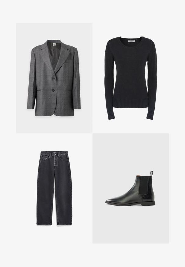 Grauer Zweiknopfblazer mit kleinem weißen Punktmuster, Revers mit Kerbkragen und Vorder- taschen, dargestellt auf einem hellgrauen Hintergrund.; Schwarzer Strickpullover mit Rundhalsausschnitt, langen Ärmeln und geripptem Saum. Die Stoffstruktur wirkt weich und leicht flauschig.; Schwarze Jeans aus Denim mit geradem Bein, ausgestattet mit Fronttaschen, einem Knopfleistenverschluss und subtilen Verfärbungen im Stoff.; Schwarzer Lederknöchelboot mit elastischem Seitenpanel, spitzer Zehe und kleinem Absatz. Glatte Textur und minimalistisches Design mit Zuglasche hinten.