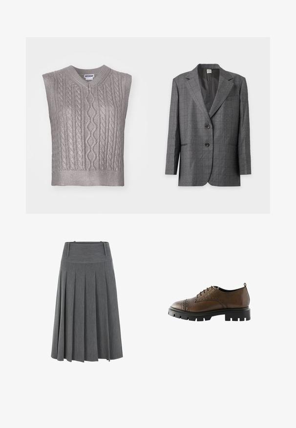 Blazer gris à deux boutons avec petit motif à pois blancs, revers crantés et poches avant, présenté sur un fond gris clair.; Pull en tricot gris sans manches avec un col en V, présentant des motifs texturés, un ourlet côtelé et une étiquette portant la mention "WEEKDAY" au niveau du col.; Jupe plissée grise en tissu texturé, avec une large ceinture élastique et une coupe mi-longue ornée de lignes verticales subtiles.; Chaussure en cuir marron avec des détails de brogue, bout rond et semelle en caoutchouc noir épaisse. Présente un design à lacets et une languette à l'arrière.