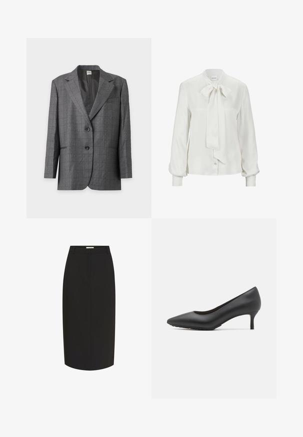 Blazer gris à deux boutons avec petit motif à pois blancs, revers crantés et poches avant, présenté sur un fond gris clair.; Blouse blanche en tissu lisse, avec un nœud au col, des manches longues bouffantes et une fermeture à boutons à l'avant.; Jupe crayon noire en tissu lisse. Caractéristiques : coupe ajustée, longueur midi, passants pour ceinture et fermeture éclair dissimulée au dos.; Escarpin noir en cuir, à bout pointu et à petit talon, avec une texture lisse ; présente un design élégant et une ouverture arrondie pour un enfilage facile.