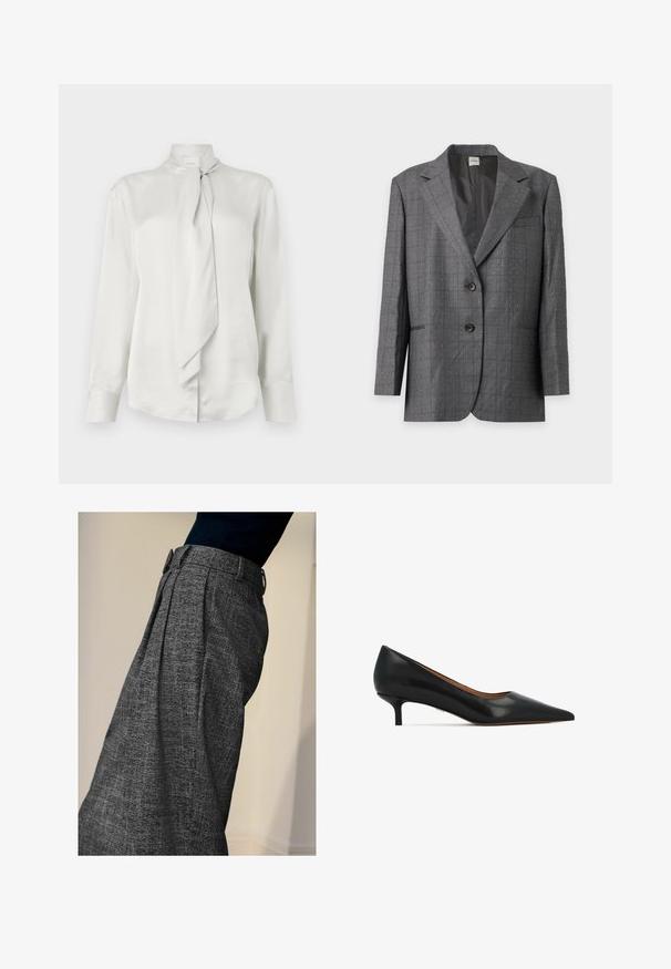 Grå to-knaps blazer med små hvidprikket mønster, hakrevers og forlommer, vist på en lysegrå baggrund.; Hvid langærmet bluse med høj krave og en foran knyttet tørklæde-detail, fremstillet af et glat satinlignende stof.; Person iført højtaljede grå strukturerede bukser med frontfolder og en sort top, vist fra siden mod en ensfarvet baggrund.; Sorte læderpumps med spids tå, glat tekstur og lav hæl. Enkelt design uden pynt.