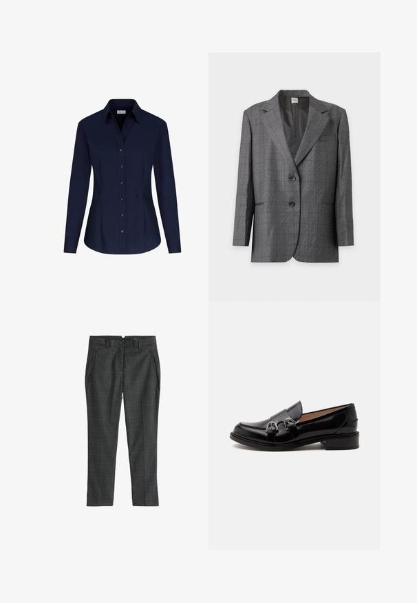 Grå to-knaps blazer med små hvidprikket mønster, hakrevers og forlommer, vist på en lysegrå baggrund.; Seidensticker BUSINESS SLIM FIT - Skjortebluser - dunkelblau; Next PETITE - Bukser - grey black; Sort skinnende læderloafer med dobbelte sølvspænder og lav hæl, vist fra siden på hvid baggrund.