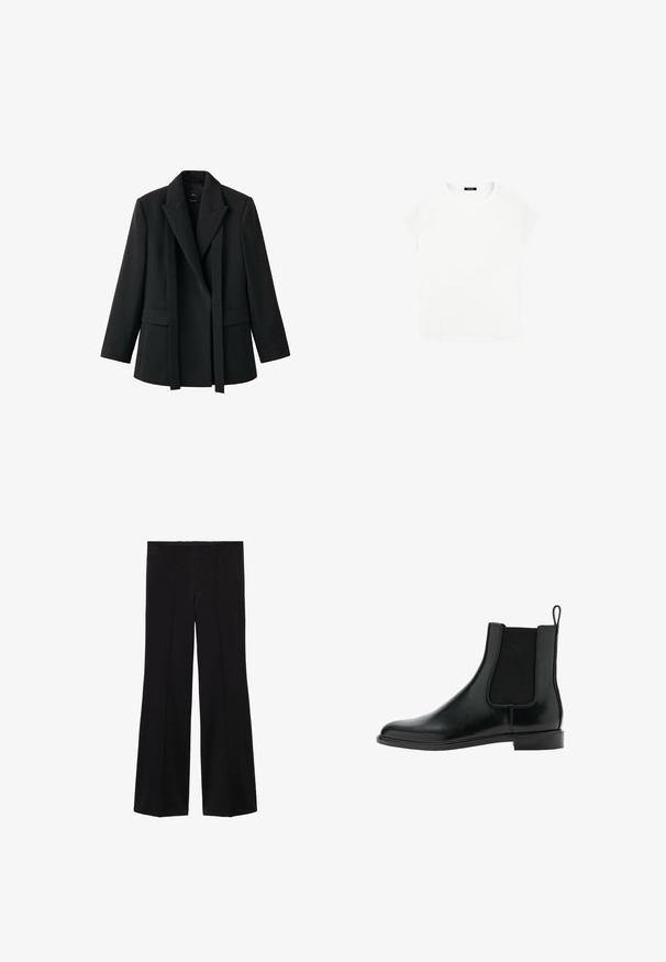 Sort blazer med en struktureret pasform, sjalskrave, åben front og to forlommer. Fremstillet i glat stof med en skræddersyet pasform.; Hvid bomulds t-shirt med rund halsudskæring og korte ærmer. Enkel design, ingen mønstre eller accenter. Blød, glat tekstur.; Sorte højtaljede bukser med brede ben og for- søm detaljer, lavet af et glat stof.; Sort læder Chelsea støvle med elastisk sidepanel, rund tå, lav hæl og løftestrop bagpå. Glat tekstur og minimalistisk design.