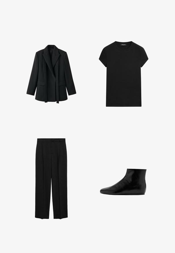 Schwarzer Blazer mit klarer Schnittführung, Schalkragen, offenem Vorderteil und zwei Vorderentaschen. Hergestellt aus glattem Stoff mit figurbetontem Schnitt.; Schwarzes T-Shirt mit kurzen Ärmeln und Rundhalsausschnitt, mit sichtbarem Markenlabel am Ausschnitt, mittig auf weißem Hintergrund.; Schwarze maßgeschneiderte Hose mit hoher Taille, gefalteter Gestaltung, geradem Bein und glatter Stoffoberfläche. Hat Gürtelschlaufen und Seitentaschen.; Schwarze Leder-Stiefelette mit glatter Oberfläche, flacher Sohle, runder Spitze und minimalistischen Design.