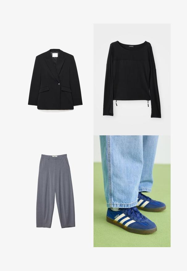 Sort skræddersyet blazer med hakket revers, enkeltknapslukning, to forlommer og struktureret silhuet fremstillet af glat stof.; Sort langærmet top med rund halsudskæring, kontrasterende tekstur ved skuldrene og justerbare snore i siden. Glat, letvægtsstof.; Stradivarius SMART BAGGY WITH SEAM DETAIL - Bukser - grey; Blå ruskindsneakers med hvide striber og teksturerede mønstre, båret med lyseblå denimbukser, sat mod en grøn baggrund.