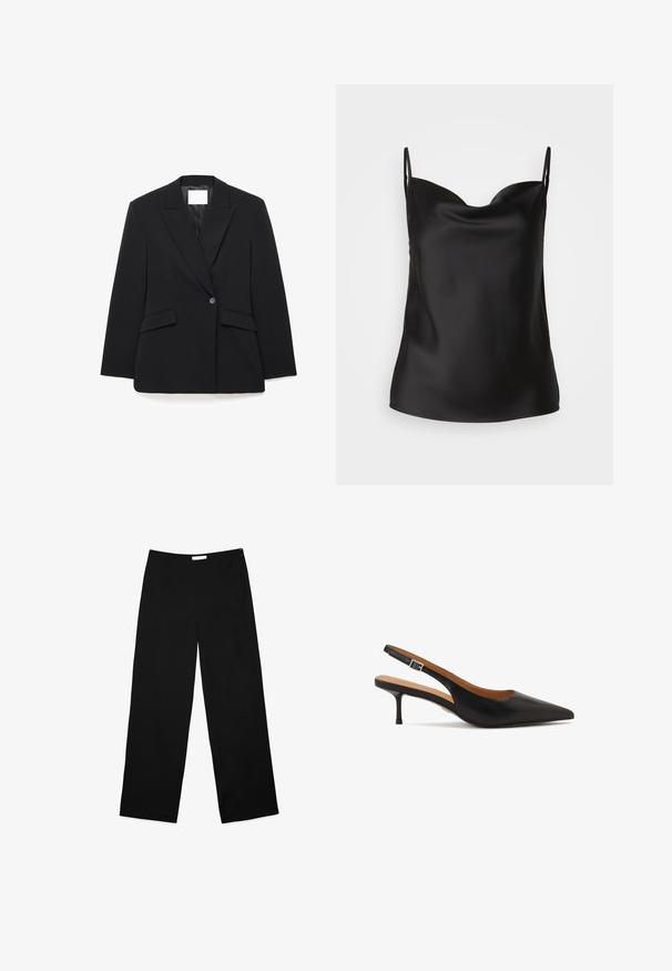 Blazer negro a medida con solapas de muesca, cierre de un solo botón, dos bolsillos delanteros y silueta estructurada hecha de tela lisa.; Camisón de satén negro con un escote pronunciado, tirantes finos y una textura suave y brillante. Diseño simple y clásico sin adornos.; Pantalones de pierna ancha en tela negra, con una textura suave, un diseño limpio y un discreto cierre lateral con cremallera.; Zapato de tacón con tira trasera de cuero negro, punta puntiaguda, tacón fino y correa ajustable en el tobillo; textura lisa y detalles mínimos.