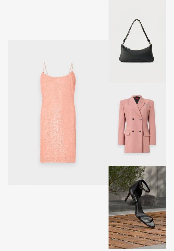 Blazer de corte cruzado en suave tela rosa, con cuello de solapa, dos bolsillos frontales, botones negros y un adorno en forma de lazo plateado.; Vestido tipo slip de color melocotón hecho de tela de lentejuelas, con finas correas ajustables y una silueta ceñida. Textura suave, hasta la rodilla.; Sandalia negra de tacón alto con correa en el tobillo, parece suspendida sobre un suelo de baldosas de madera al aire libre, con un fondo difuminado de vegetación y piedra.; Bolso de hombro de cuero negro con forma rectangular curvada, cadena dorada entrelazada en una correa negra trenzada y cierre superior con cremallera.