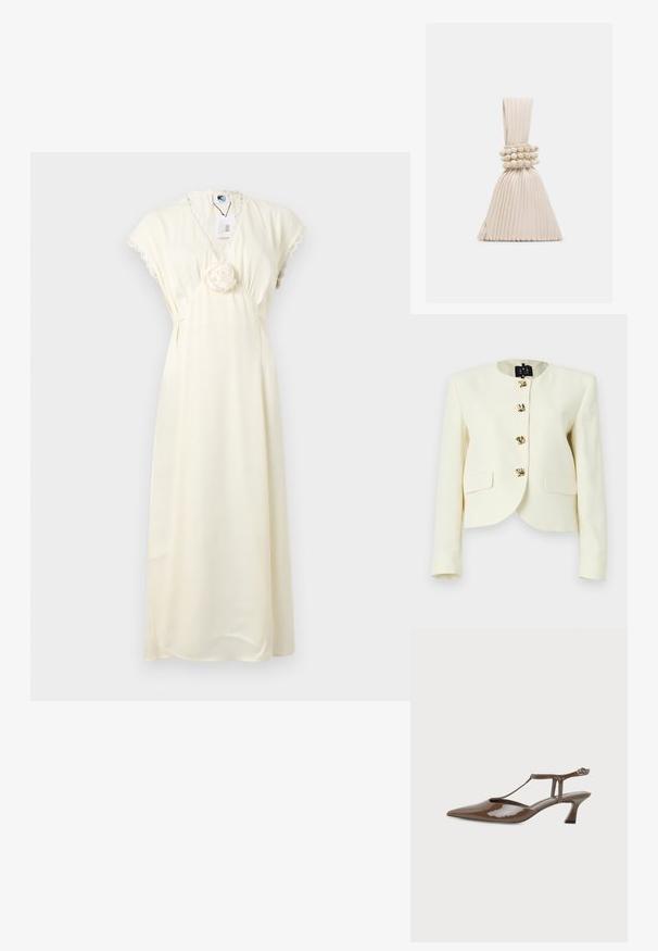 Veste courte crème en tissu texturé avec un col rond et cinq boutons dorés, dotée de deux poches frontales.; Robe longue de couleur crème avec manches courtes, encolure en V, bordure en dentelle et détail de fleur en tissu à la taille, présentée sur un fond uni.; Chaussure slingback en cuir verni marron, bout pointu, petit talon kitten, fine bride en T et fermeture à boucle à la cheville.; Petit sac à main beige plissé avec une anse nouée et trois bracelets ronds en perles enroulés autour du milieu.