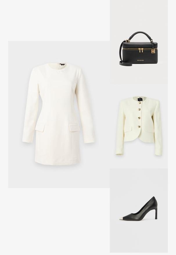 Kurz geschnittene cremefarbene Jacke aus strukturiertem Stoff mit rundem Halsausschnitt und fünf goldfarbenen Knöpfen sowie zwei Vordertaschen.; Weißes Langarmkleid mit rundem Halsausschnitt, taillierter Silhouette, zwei vorderen Taschen und einem dezent geprägten Logo am Hals. Sanfte Stofftextur.; Schwarzer Lederschuh mit hohem Absatz, spitz zulaufender Zehenpartie und metallischer silberner Spitze. Verfügt über eine glatte Oberfläche und einen schlanken 10 cm hohen Absatz.; Schwarze rechteckige Michael Kors Handtasche mit oberem Griff, goldenem Reißverschluss und Logo sowie abnehmbarem Schulterriemen auf grauem Hintergrund.