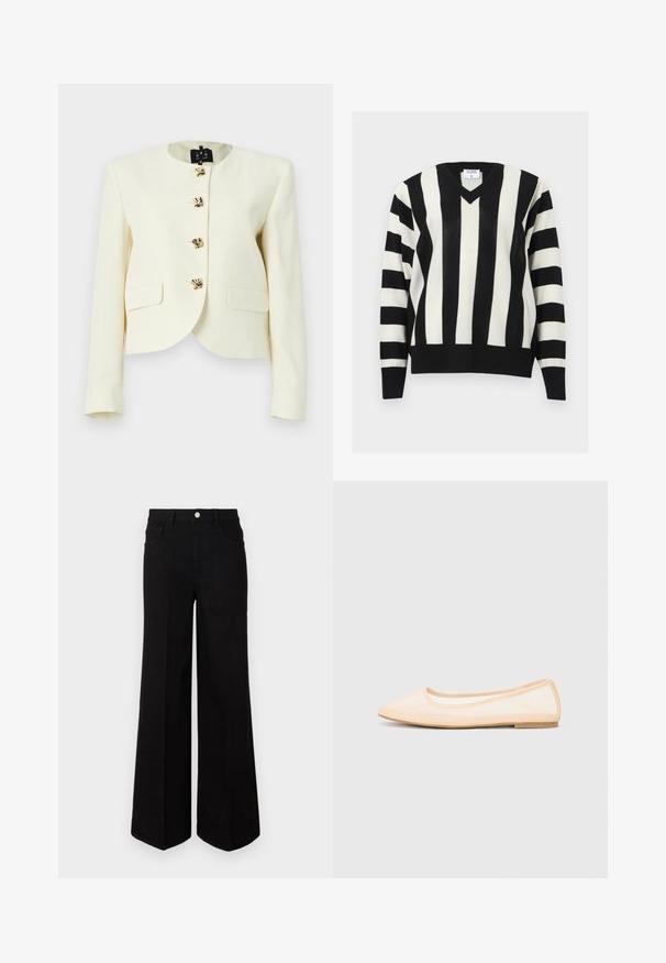 Veste courte crème en tissu texturé avec un col rond et cinq boutons dorés, dotée de deux poches frontales.; Pull à col en V rayé noir et blanc avec des rayures verticales sur le corps et des rayures horizontales sur les manches, poignets et ourlet côtelés.; Jean large noir fabriqué dans un tissu robuste, avec une taille haute, des poches avant et une fermeture à bouton à l'avant. Ourlet plat en bas.; Ballerines beiges avec un bout pointu, une semelle plate et un dessus en maille translucide. Agrémentées de coutures simples le long des bords.