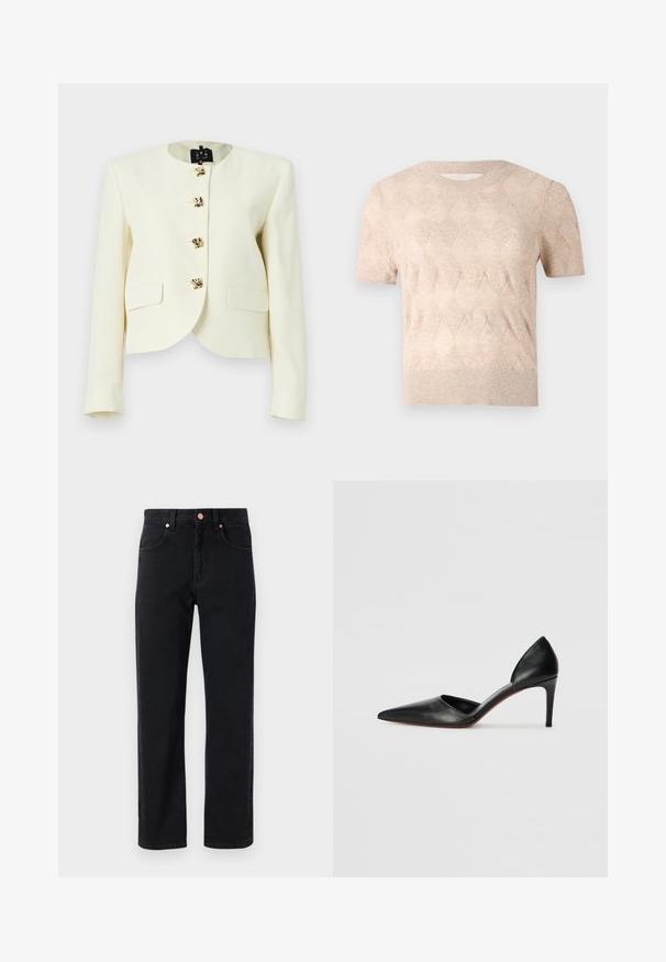 Kort cremejakke af tekstureret stof med rund halsudskæring og fem knapper i guldfarve samt to forlommer.; AERON SONIA SHORT SLEEVED - T-shirts basic - hay; Sorte denim jeans med lige ben, fem-lomme design, kobberknap detaljer og minimal syning synlig.; Sorte læder højhælede pumps med spidse tæer, åbne sider og en slank silhuet. Har en tynd hæl og rød sål som accent.