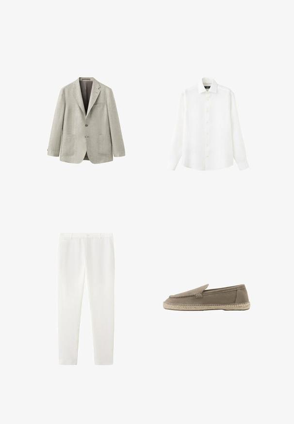 Veston gris clair à simple boutonnage avec deux poches plaquées sur le devant, revers en encoche et deux boutons, présenté sur fond blanc.; Chemise blanche à manches longues avec col et poignets, boutonnée, présentée à plat sur un fond blanc.; Pantalon blanc slim avec passants pour ceinture, détails de coutures avant et coupe ajustée longueur cheville.; Espadrille beige en daim à enfiler avec détails cousus et semelle en jute tressée, montrée de profil sur fond blanc.