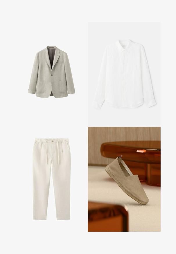 Veston gris clair à simple boutonnage avec deux poches plaquées sur le devant, revers en encoche et deux boutons, présenté sur fond blanc.; Chemise blanche à manches longues en lin, avec un col classique, une fermeture à boutons sur le devant et une texture lisse. Ourlet légèrement arrondi.; Pantalon décontracté beige avec taille élastique, bouton, cordon de serrage, deux poches latérales et jambes fuselées.; Espadrille en toile beige avec semelle tressée et petite languette tricolore sur le talon, posée sur un tapis clair avec un mobilier teinté d'ambre en arrière-plan.