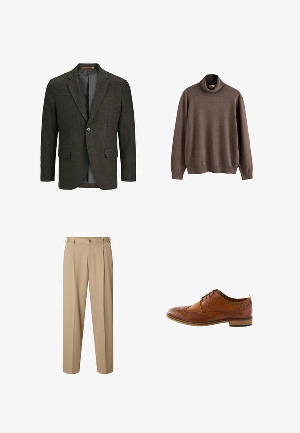 Dunkelbrauner Tweed-Blazer mit Reverskragen, zwei frontalen Taschen, einer einzelnen Knopfschließe und einem glatten schwarzen Futter.; Brauner Rollkragenpullover aus weichem Stoff. Hat lange Ärmel und eine lockere Passform, mit geripptem Kragen und Saumdetails.; Beige maßgeschneiderte Hose mit vorderen Falten, Gürtelschlaufen, Knopfverschluss und geradem Bein.; Braunes Lederbrogueschuh mit detaillierten Perforationen, runder Spitze, Schnürdesign und einer mitteldunklen Holzsohle.