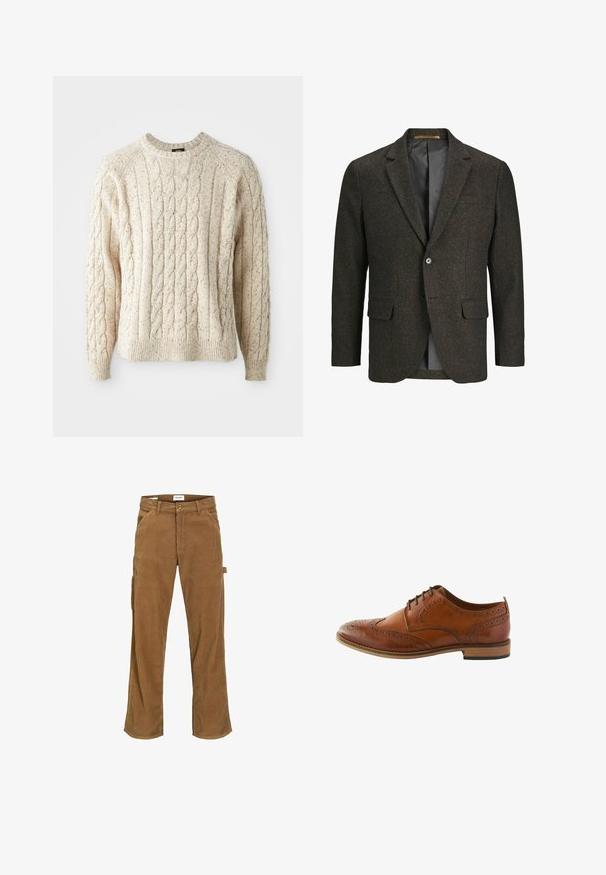 Dunkelbrauner Tweed-Blazer mit Reverskragen, zwei frontalen Taschen, einer einzelnen Knopfschließe und einem glatten schwarzen Futter.; Cremfarbener Kabelstrickpullover mit Rundhalsausschnitt, strukturiertem Muster und gerippten Bündchen und Saum. Hergestellt aus weicher, dicker Wolle.; Braune Cordhosen mit regulärer Passform, seitlichen Taschen, einer einzelnen Cargo-Tasche und einem Knopfverschluss an der Taille.; Braunes Lederbrogueschuh mit detaillierten Perforationen, runder Spitze, Schnürdesign und einer mitteldunklen Holzsohle.