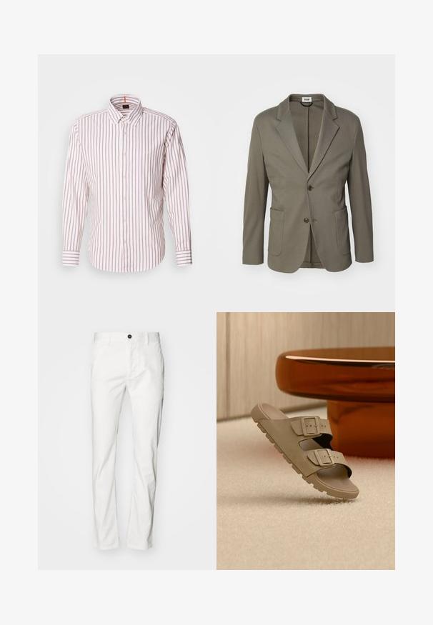 Lys olivengrøn blazer lavet af glat stof; har spidse klapper, to frontlommer og lukning med to knapper.; Stribet skjorte i hvid og lys pink. Har krave, lange ærmer og et lille logo på brystet. Lavet af bomuldsmateriale.; Hvide bomuldsbukser med lige snit, der har knaplukning og lommer, glat tekstur og minimalistisk stil.; Beige slip-in sandal med to justerbare spænderemme, tyk tekstureret sål, svævende over et beige tæppe nær en rund brun bordfod.