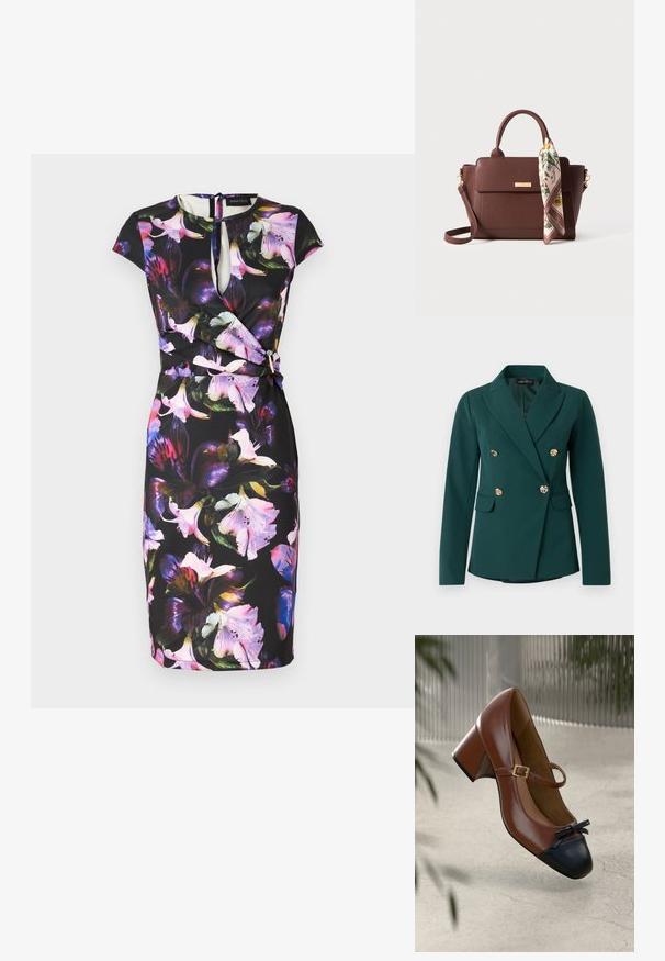 Veste blazer verte à double boutonnage en tissu lisse, dotée de boutons dorés, d'épaules structurées et de deux poches devant.; Robe florale avec un fond noir, présentant un décolleté en trou de serrure, des manches courtes et un design enroulé. Décorée de grandes fleurs colorées.; Talons Mary Jane en cuir marron avec bout noir, nœud noir, bride à boucle dorée et talon bloc sur un sol clair texturé.; Sac à main en cuir marron avec des poignées supérieures et une bandoulière détachable. Comprend un foulard à motif floral attaché à la poignée. Détails en métal doré.